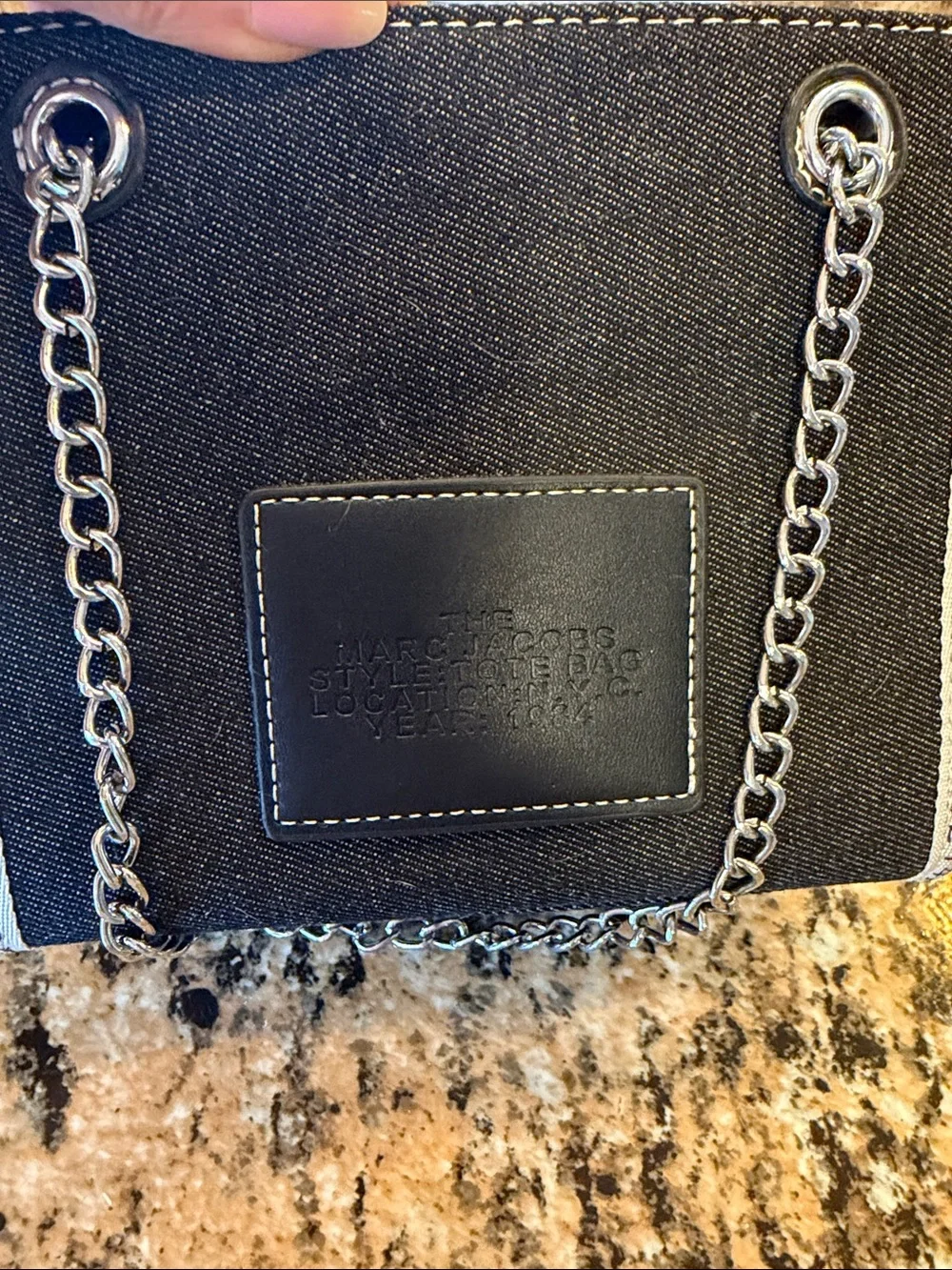 Marc Jacobs Black Canvas 'The Tote Bag' Mini with White Trim and Silver Chain